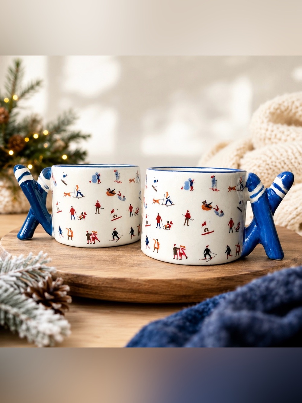 Set of 2 - 10 Strawberry Street Ski Handle Espresso Cups - Blue Skier Print